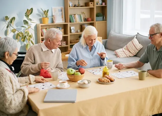 Senior individuals enjoying a lively board game session together in a cozy home setting.